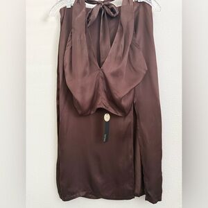 REVOLVE Brown Satin Midi Skirt